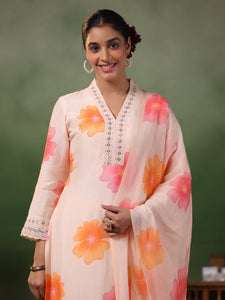 Women Floral Printed Regular Thread Work Silk Crepe Kurta with Trousers & With Dupatta